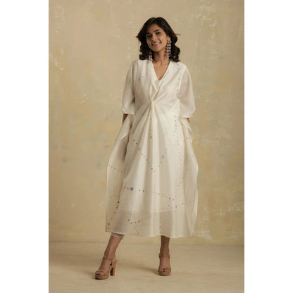 Charkhee Pearl White Chanderi Kaftan With Mirror Work