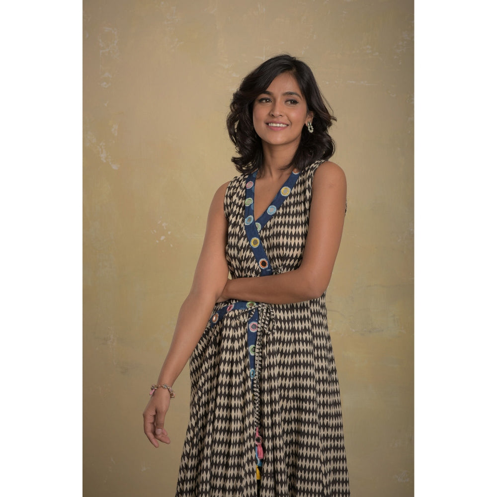 Charkhee Block Print Flared Wrap Around Dress With Pants