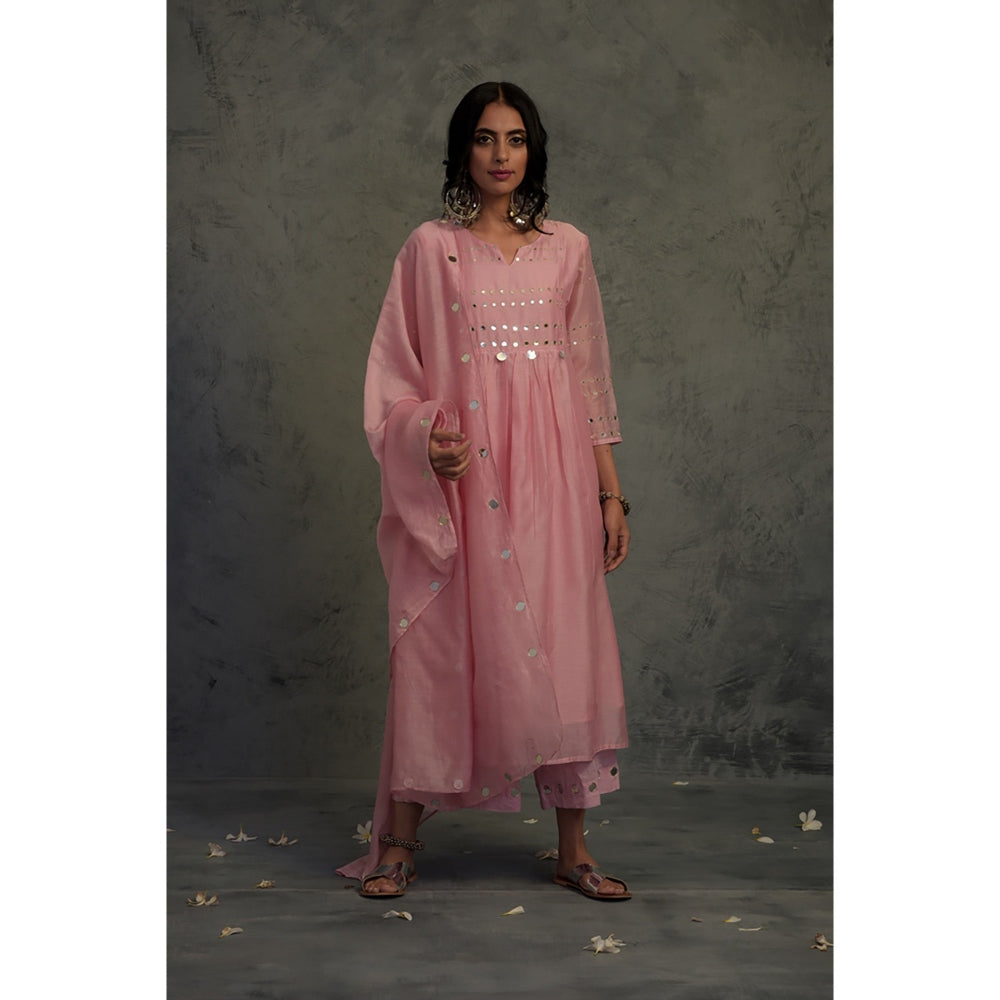 Charkhee Chanderi Gathered Kurta Set - (Set of 3)