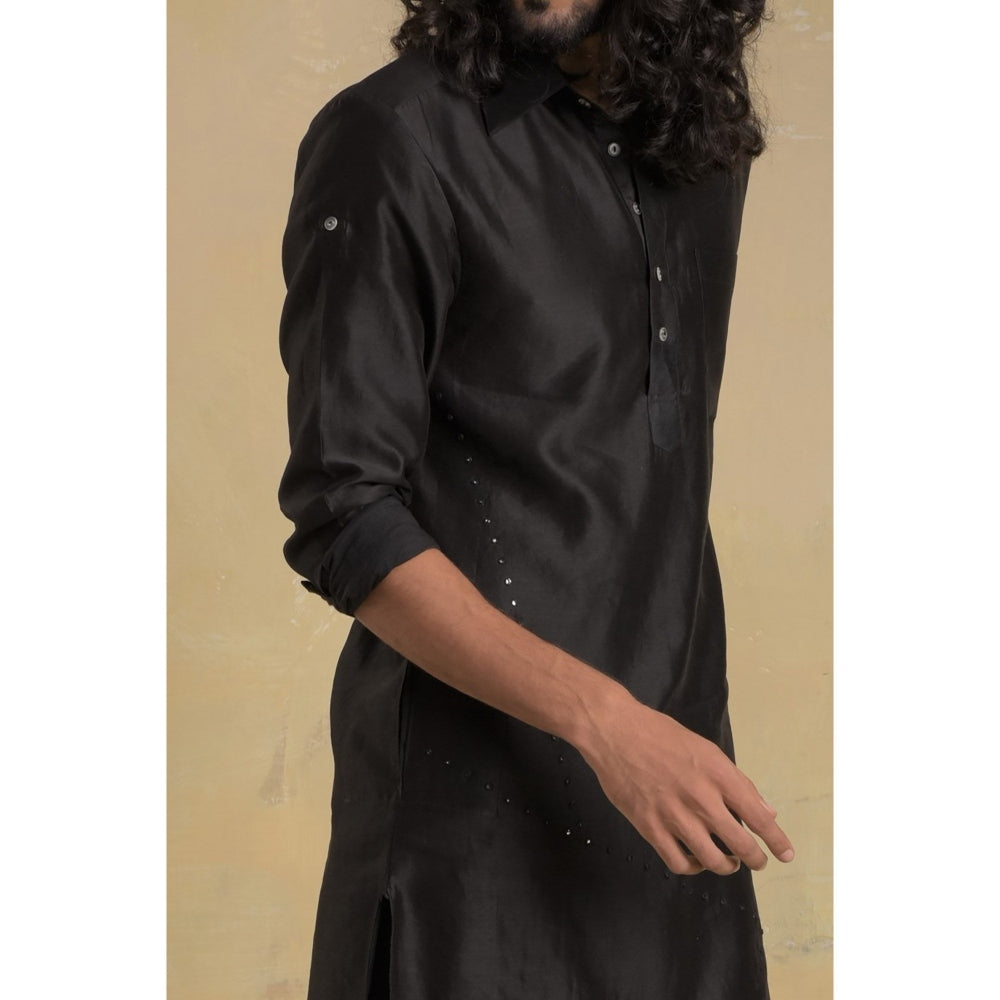 charkhee Men Black Pathani Kurta with Salwar (Set of 2)