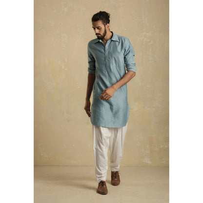 charkhee Men Ice Blue Pathani Kurta with White Salwar (Set of 2)
