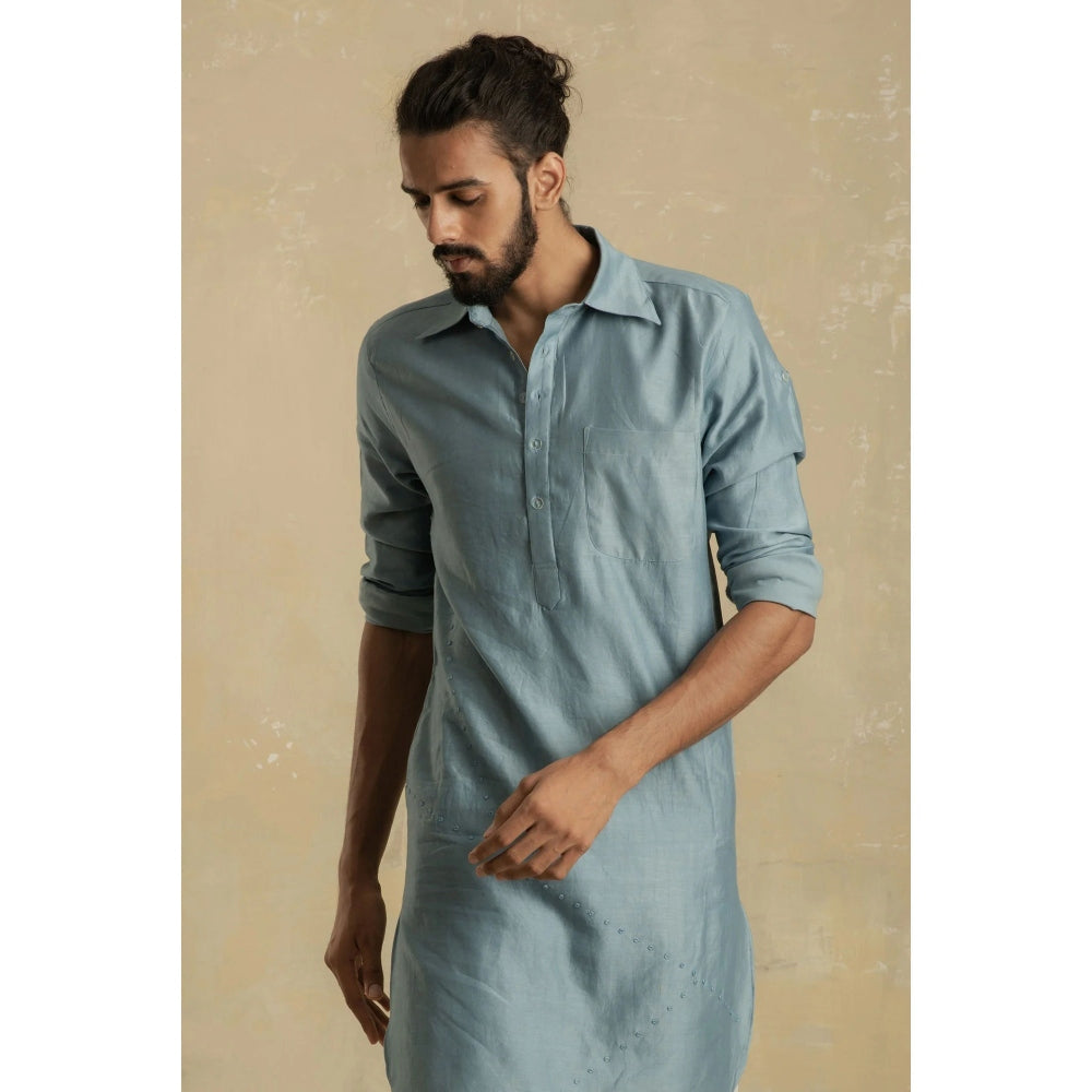 charkhee Men Ice Blue Pathani Kurta with White Salwar (Set of 2)