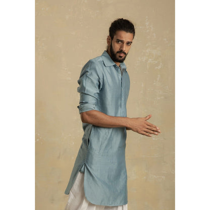charkhee Men Ice Blue Pathani Kurta with White Salwar (Set of 2)