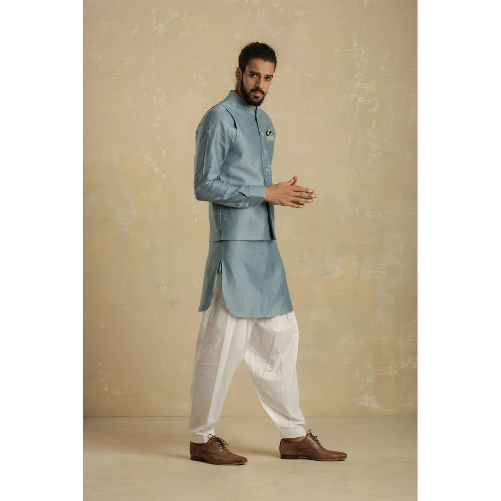 charkhee Men Ice Blue Pathani Kurta with White Salwar (Set of 2)