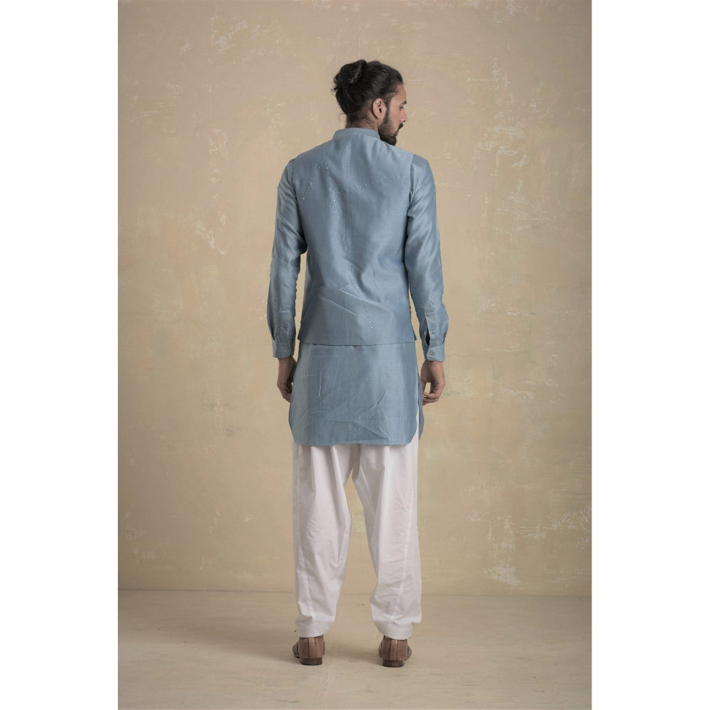 charkhee Men Ice Blue Pathani Kurta with White Salwar (Set of 2)
