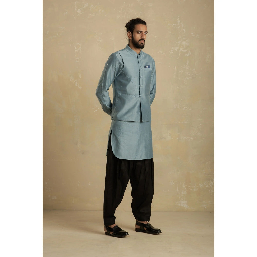 charkhee Men Ice Blue Pathani Kurta with Black Salwar (Set of 2)