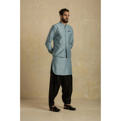 charkhee Men Ice Blue Pathani Kurta with Black Salwar (Set of 2)