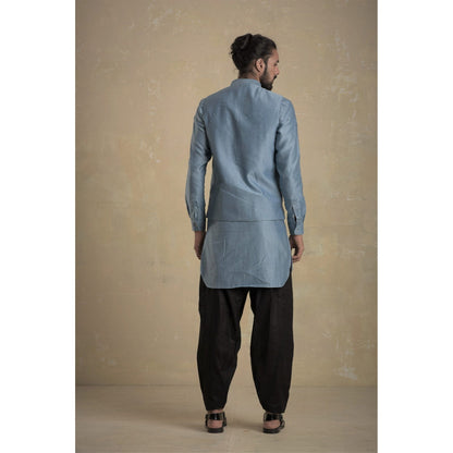 charkhee Men Ice Blue Pathani Kurta with Black Salwar (Set of 2)