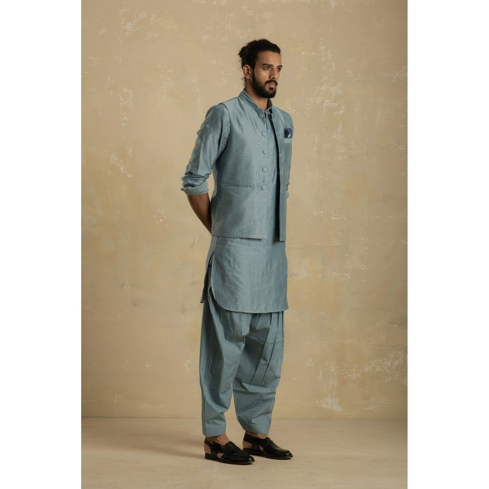 charkhee Men Ice Blue Pathani Kurta with Ice Blue Salwar (Set of 2)