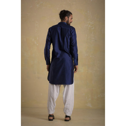 charkhee Men Ink Blue Pathani Kurta with White Salwar (Set of 2)