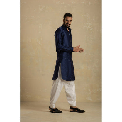 charkhee Men Ink Blue Pathani Kurta with White Salwar (Set of 2)