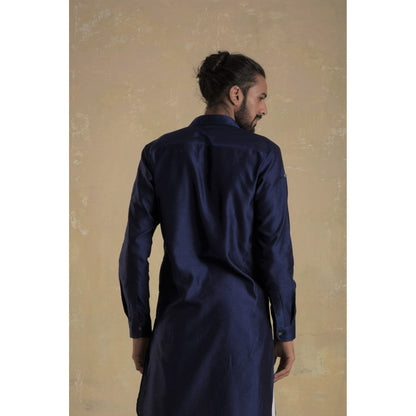 charkhee Men Ink Blue Pathani Kurta with White Salwar (Set of 2)