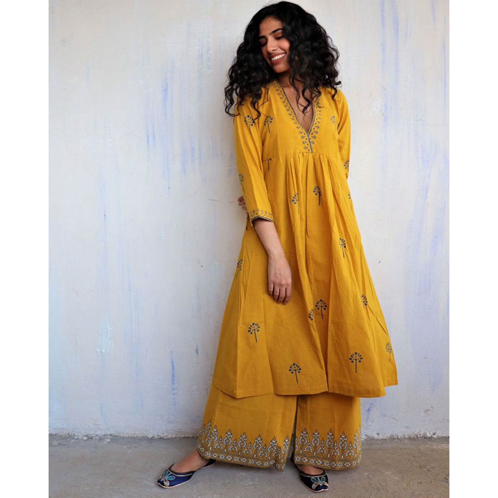 Chidiyaa Mustard Cotton Kurta, Palazzo (Set of 2)