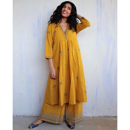 Chidiyaa Mustard Cotton Kurta, Palazzo (Set of 2)