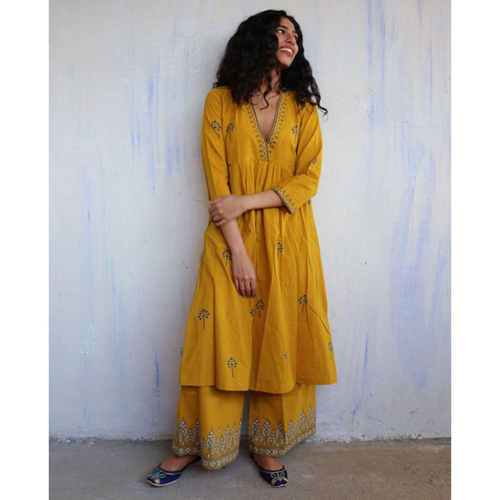 Chidiyaa Mustard Cotton Kurta, Palazzo (Set of 2)