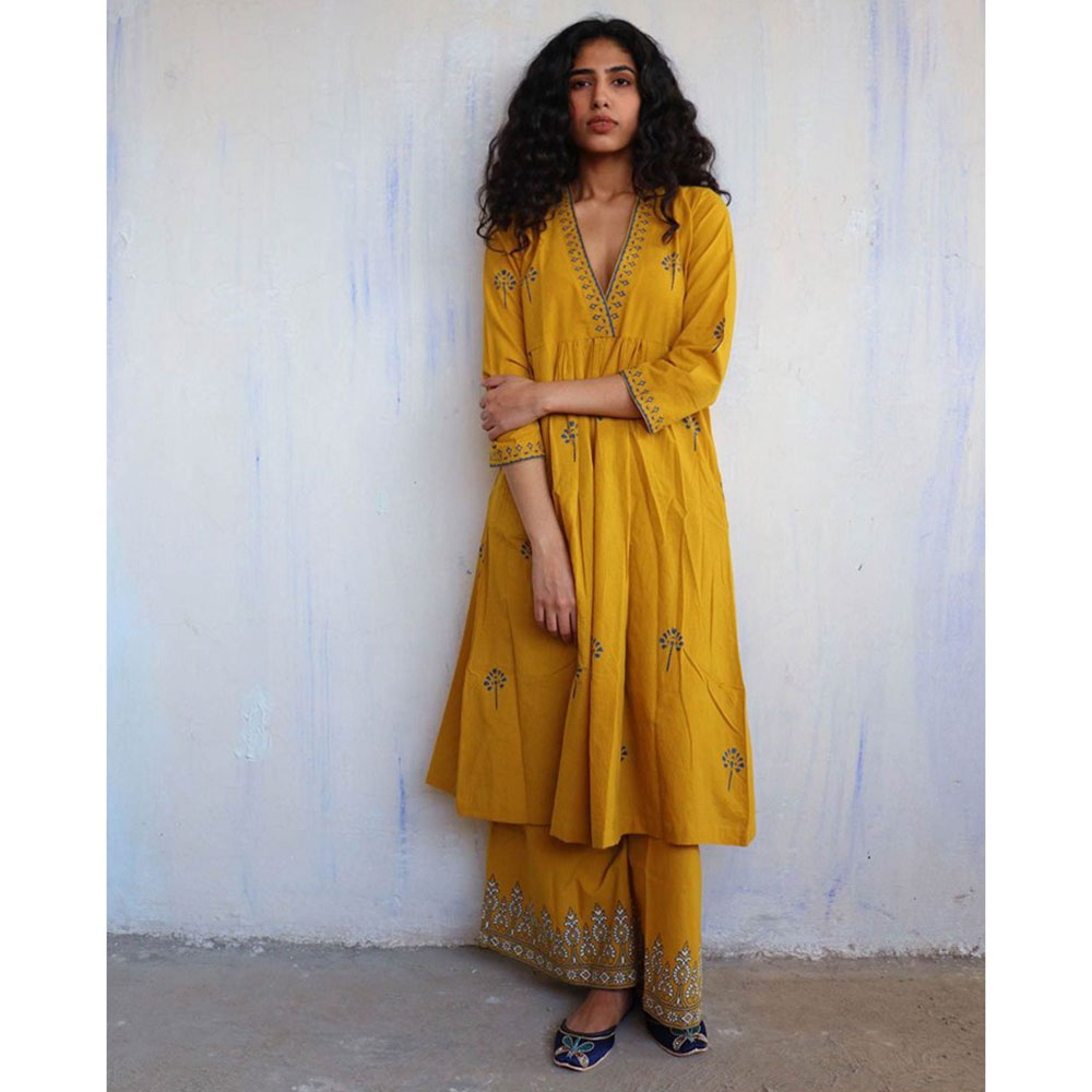 Chidiyaa Mustard Cotton Kurta, Palazzo (Set of 2)