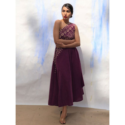 Chidiyaa SKD Purple Handprinted One Shoulder Pure Cotton Dress