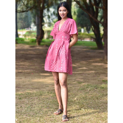 Chidiyaa Pink Pure Cotton Block Printed Dress - Nupur