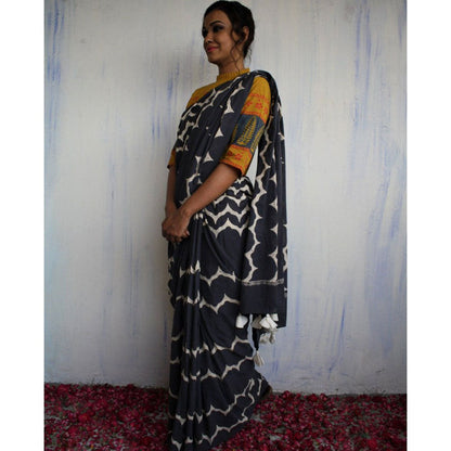 Chidiyaa Midnight Grey Waves Block Printed Pure Cotton Mul Saree without Blouse