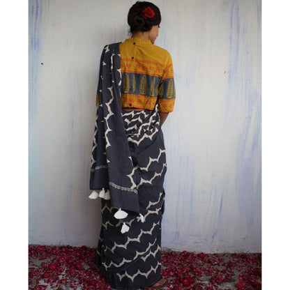 Chidiyaa Midnight Grey Waves Block Printed Pure Cotton Mul Saree without Blouse