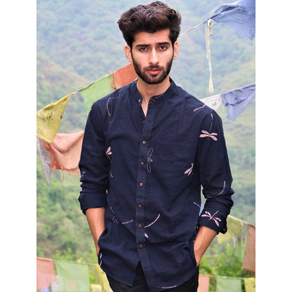 Chidiyaa Black Dragonfly Block Printed Cotton Shirt