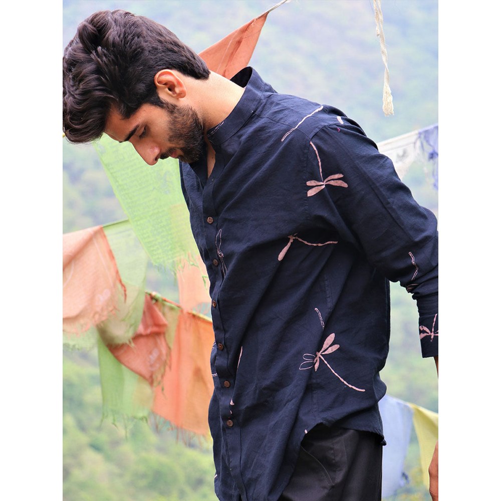 Chidiyaa Black Dragonfly Block Printed Cotton Shirt