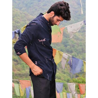 Chidiyaa Black Dragonfly Block Printed Cotton Shirt