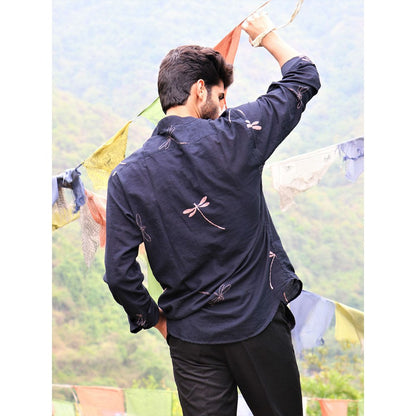 Chidiyaa Black Dragonfly Block Printed Cotton Shirt