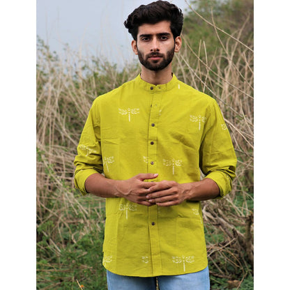 Chidiyaa Parrot Green Dragonfly Block Printed Cotton Shirt