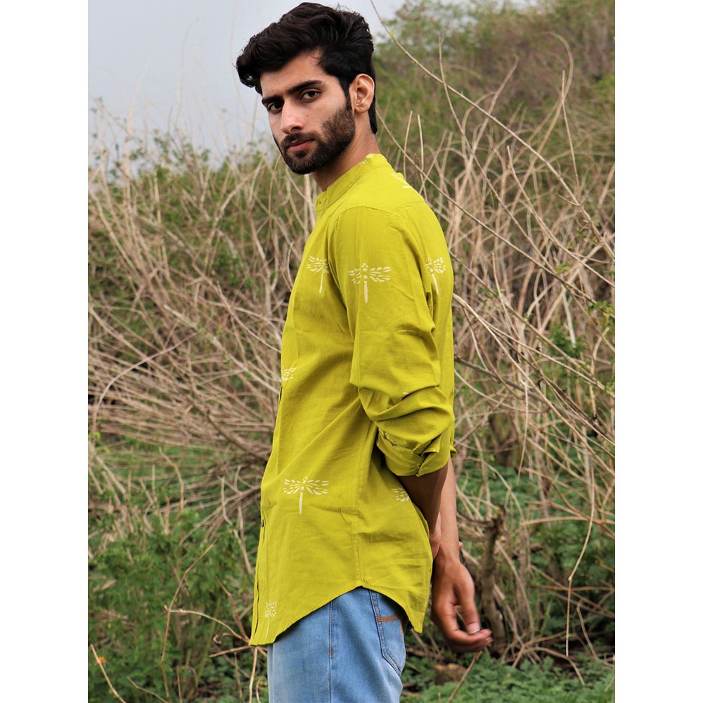 Chidiyaa Parrot Green Dragonfly Block Printed Cotton Shirt