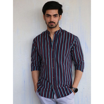Chidiyaa Blue Stripe Block Printed Mens Shirt