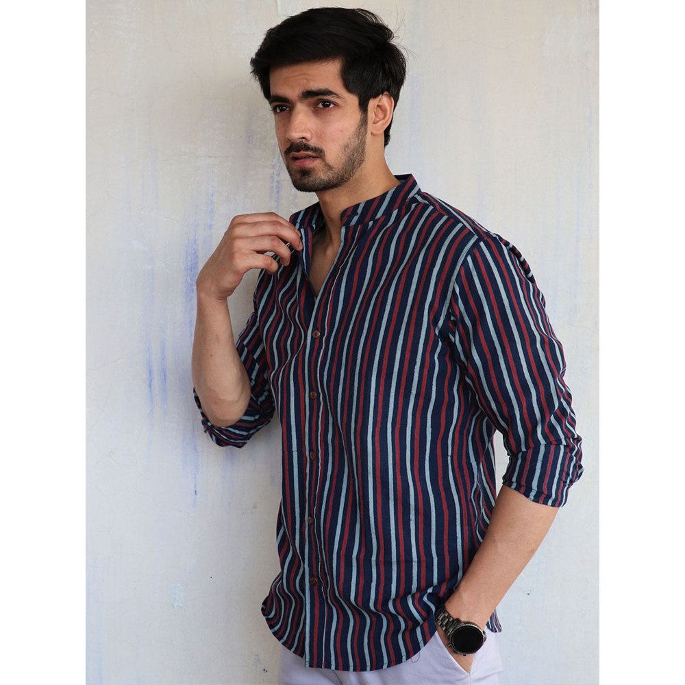 Chidiyaa Blue Stripe Block Printed Mens Shirt