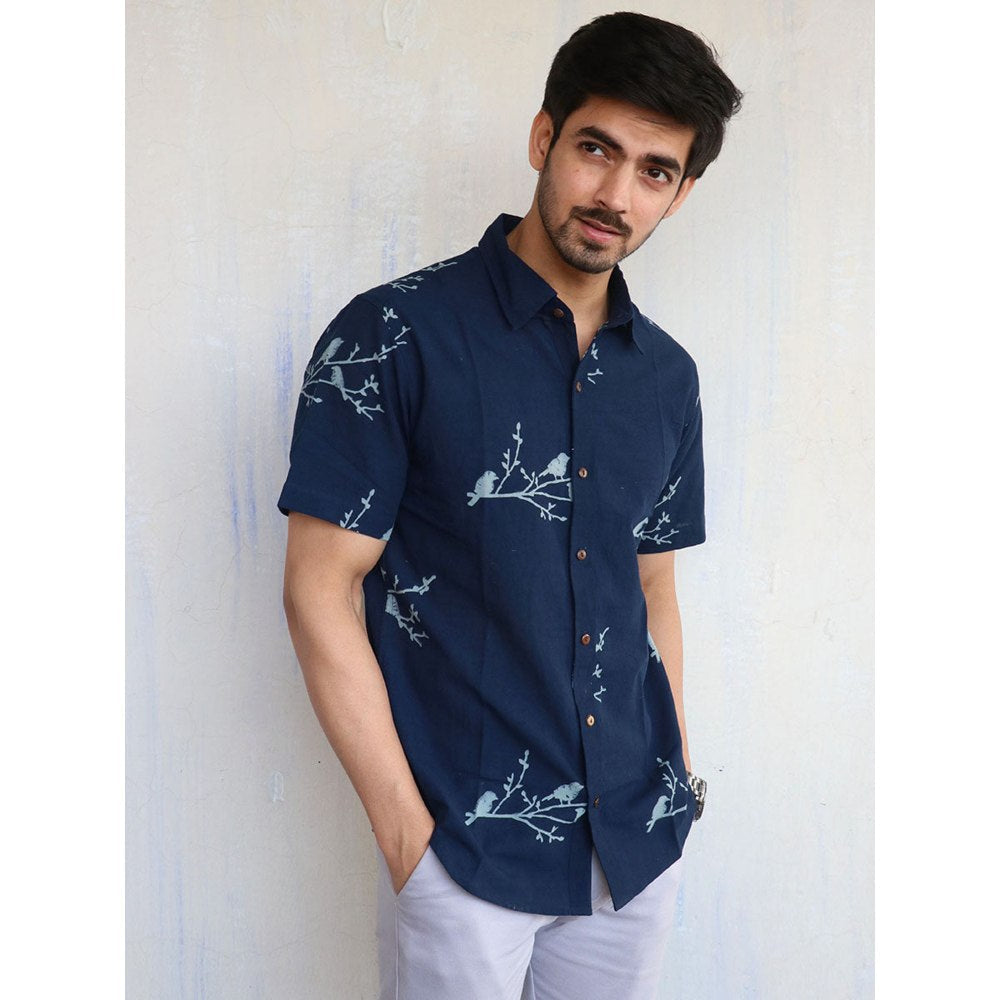 Chidiyaa Blue Bird On Branch Block Printed Mens Shirt