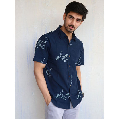 Chidiyaa Blue Bird On Branch Block Printed Mens Shirt