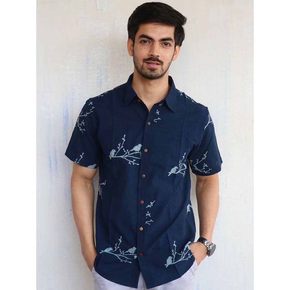 Chidiyaa Blue Bird On Branch Block Printed Mens Shirt