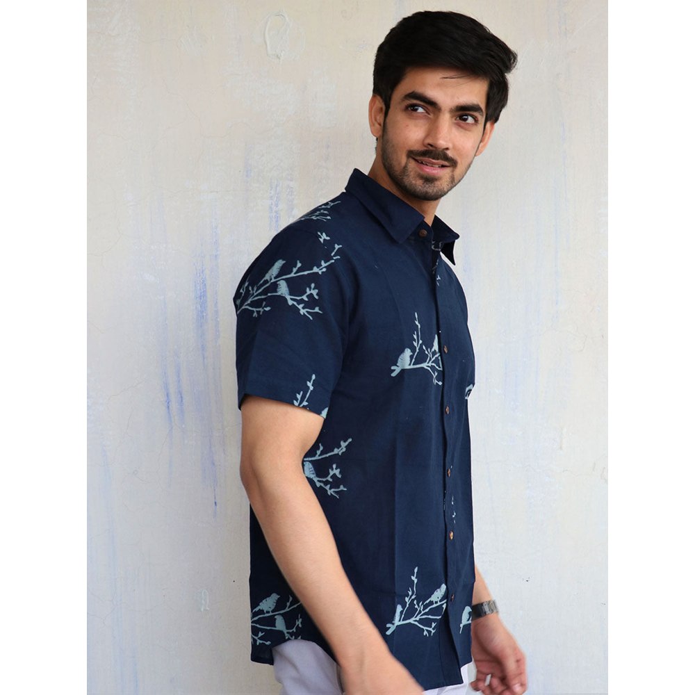 Chidiyaa Blue Bird On Branch Block Printed Mens Shirt