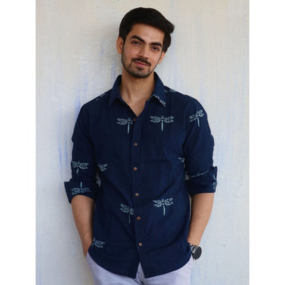 Chidiyaa Navy Blue Dragonfly Block Printed Mens Shirt
