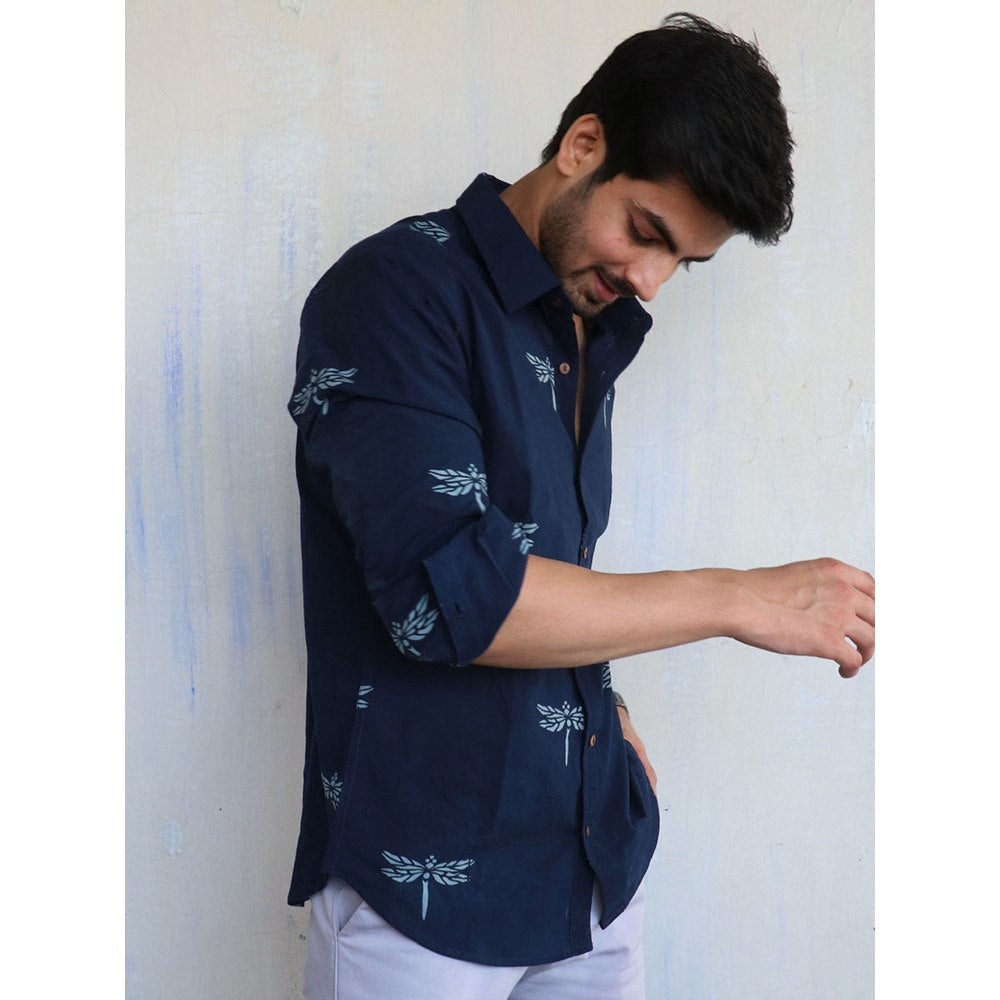 Chidiyaa Navy Blue Dragonfly Block Printed Mens Shirt