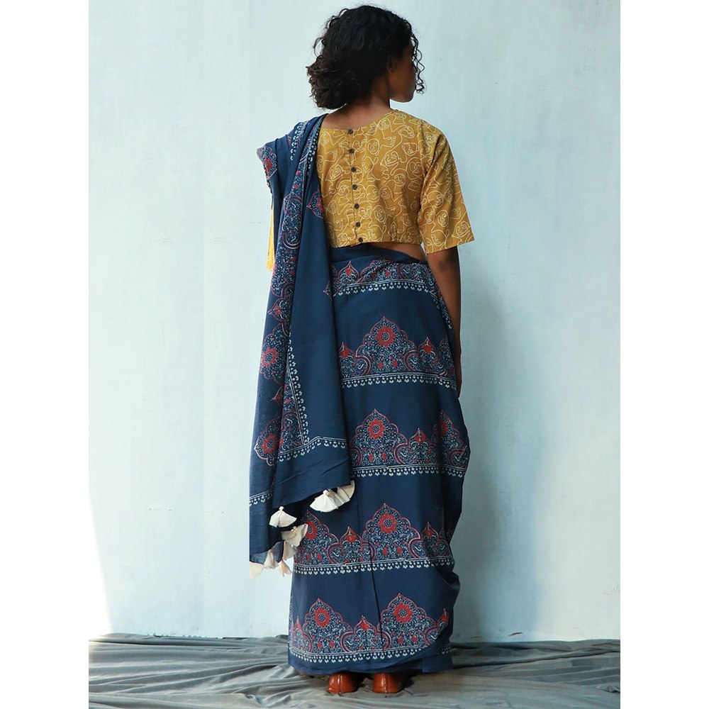 Chidiyaa Cobalt Cotton Saree Fmtm with Unstitched Blouse
