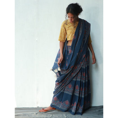 Chidiyaa Cobalt Cotton Saree Fmtm with Unstitched Blouse