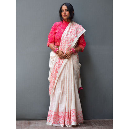 Chidiyaa Rangeen Tulip Hand Block printed Mulmul Cotton Saree with Unstitched
