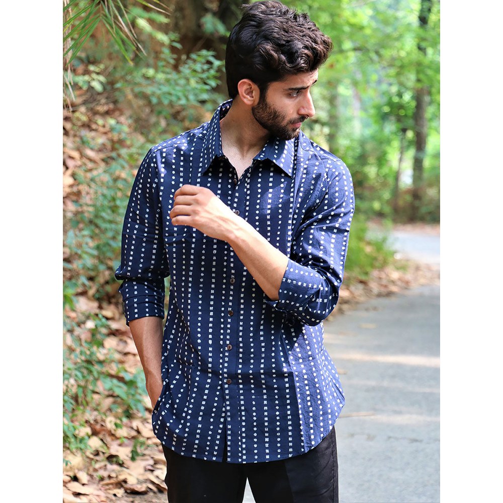 Chidiyaa Midnight Navy Blue Block Printed Cotton Shirt