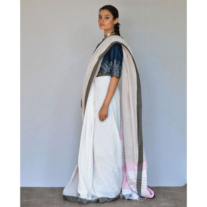 Chidiyaa Ivory White Handwoven Cotton Saree with Unstitched Blouse
