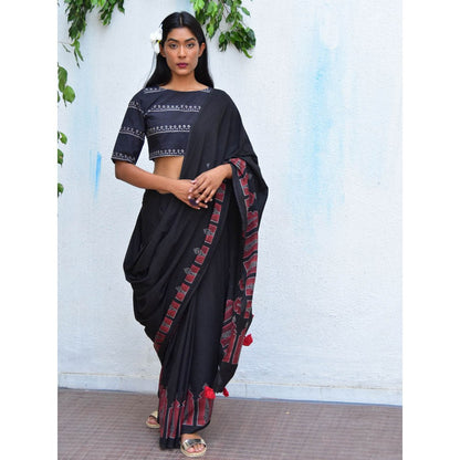 Chidiyaa Vanilla Moon Moonlit Serenade Handblock Printed Mulmul Cotton Saree with Unstitched Blouse