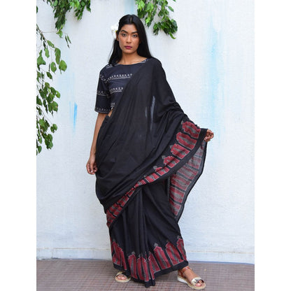 Chidiyaa Vanilla Moon Moonlit Serenade Handblock Printed Mulmul Cotton Saree with Unstitched Blouse
