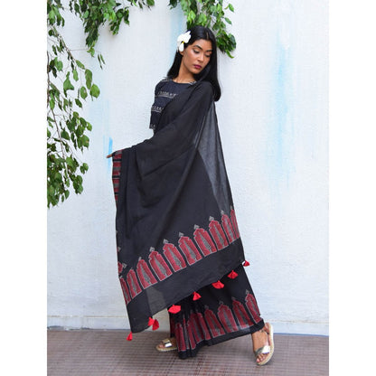Chidiyaa Vanilla Moon Moonlit Serenade Handblock Printed Mulmul Cotton Saree with Unstitched Blouse