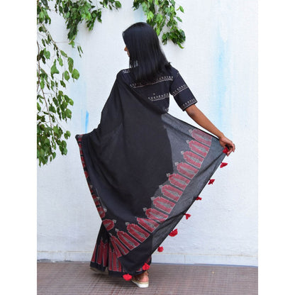 Chidiyaa Vanilla Moon Moonlit Serenade Handblock Printed Mulmul Cotton Saree with Unstitched Blouse
