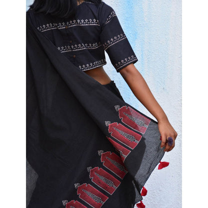 Chidiyaa Vanilla Moon Moonlit Serenade Handblock Printed Mulmul Cotton Saree with Unstitched Blouse
