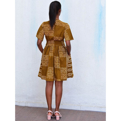 Chidiyaa Humming Bird Golden Blossom Mustard Handblock Printed Cotton Dress