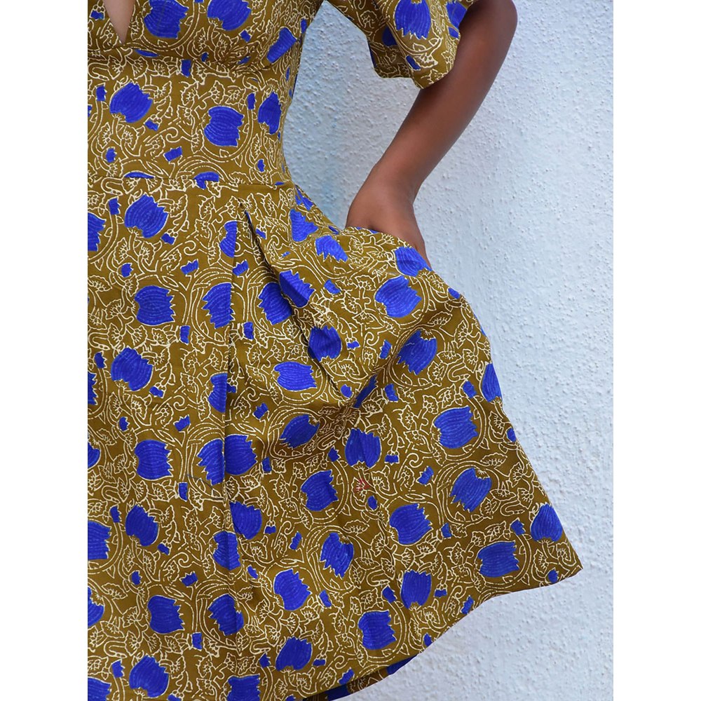 Chidiyaa Humming Bird Golden Paisley Handblock Printed Cotton Dress